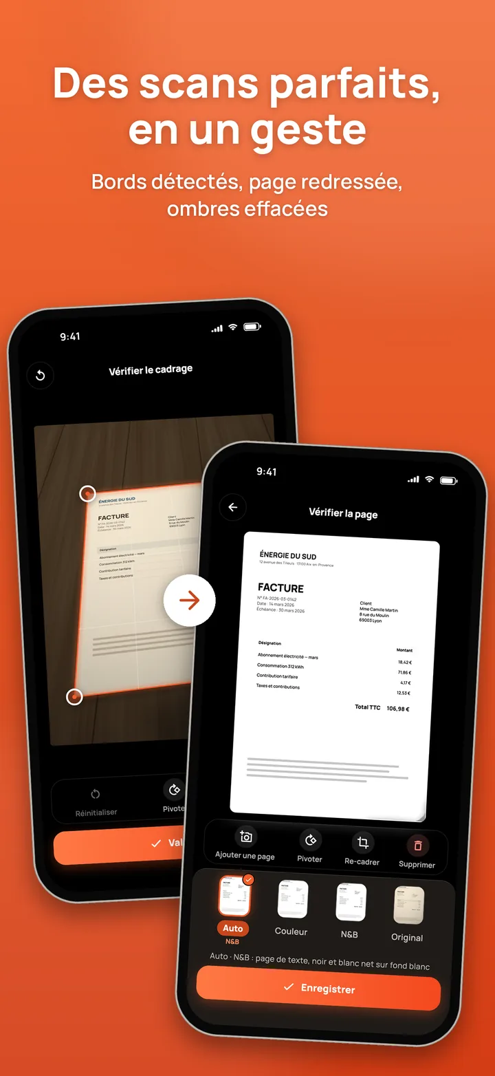 FoxScanner détecte les bords d'une facture et la redresse